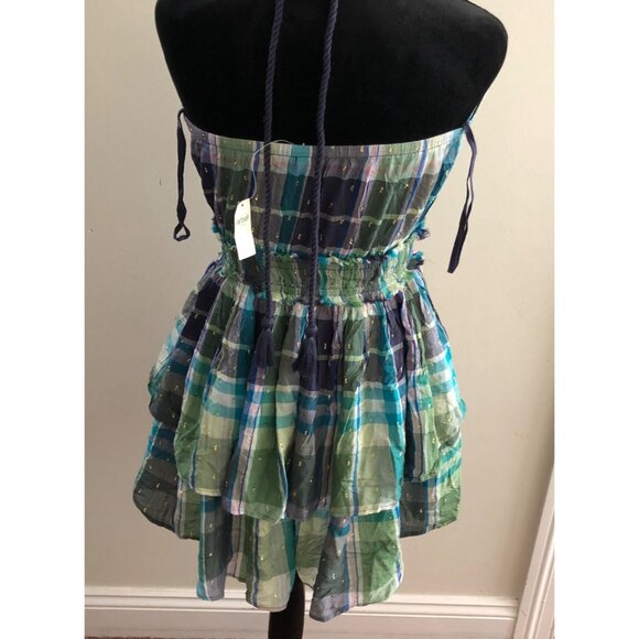 Aerie Blue Green Metallic Plaid Halter Ruffle Mini Dress Small Trendy‎ & Chic - Picture 5 of 9